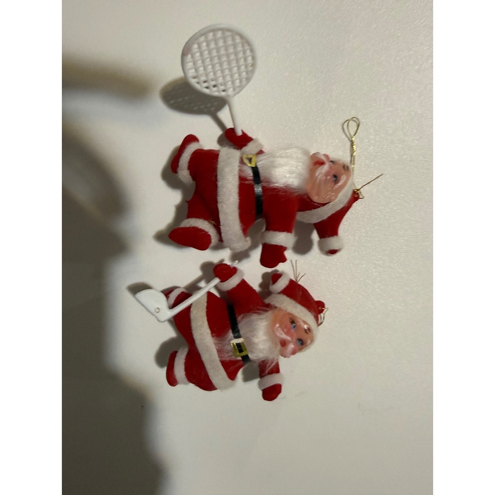 Vintage Flocked Santa Claus Ornaments Set Golf and Tennis Sports Retro Red 2pc